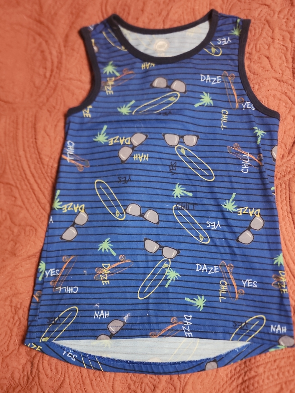 Kids Blue Striped Tank Top with Sunglasses & Skate Motifs